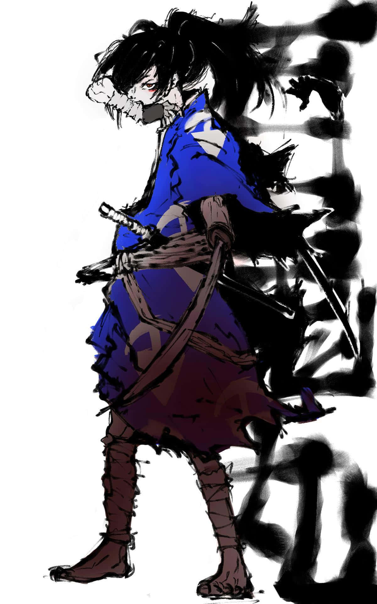動漫武士戰士穿著藍色長袍，手持劍，背景為墨水風格的煙霧