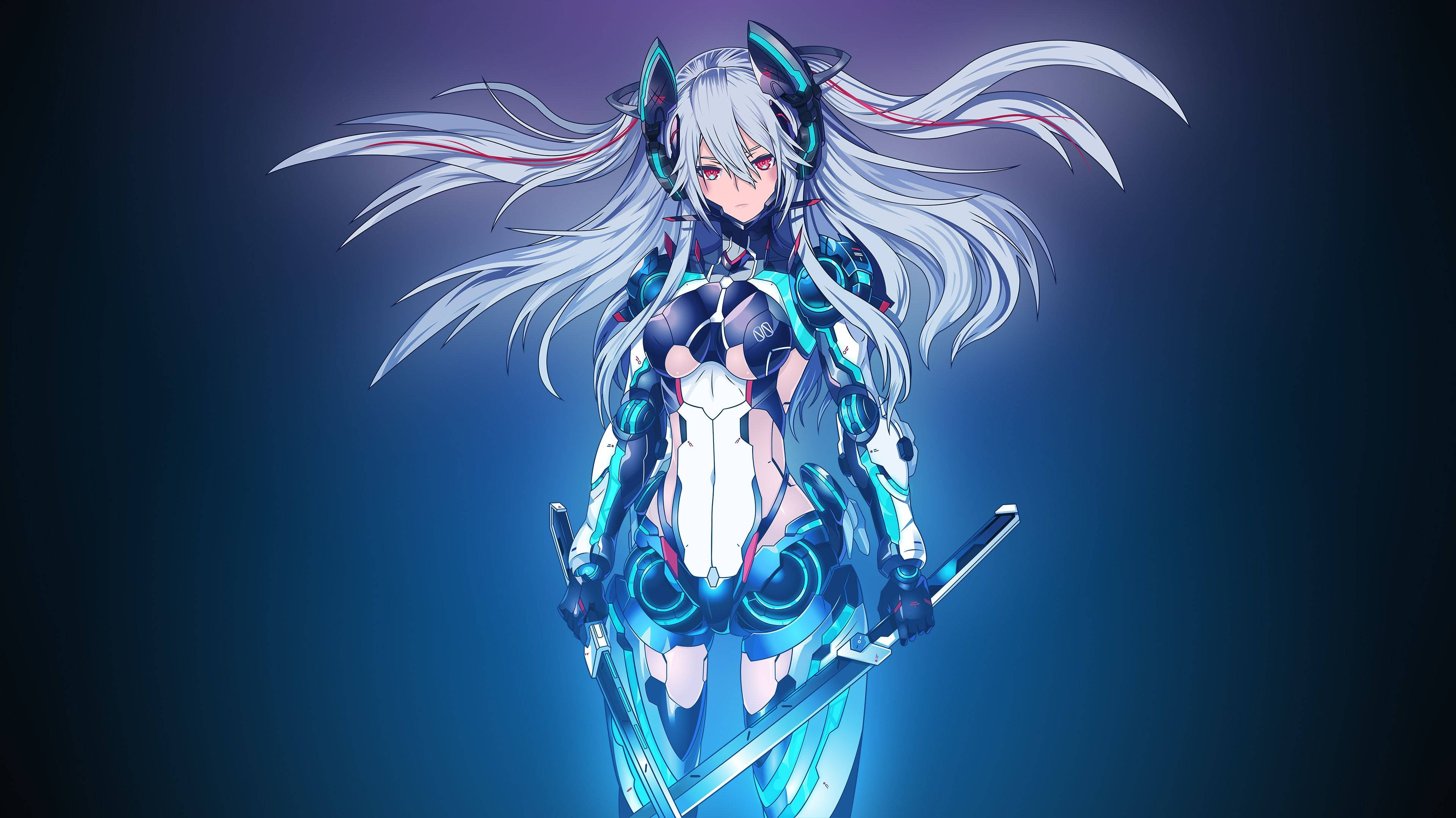 《Hybrid × Heart》Aine Chidorigafuchi 4K 桌面 壁紙 — 一位未來風格的動漫女孩，銀色頭髮和貓耳，在深藍色漸變背景上揮舞著發光的劍。