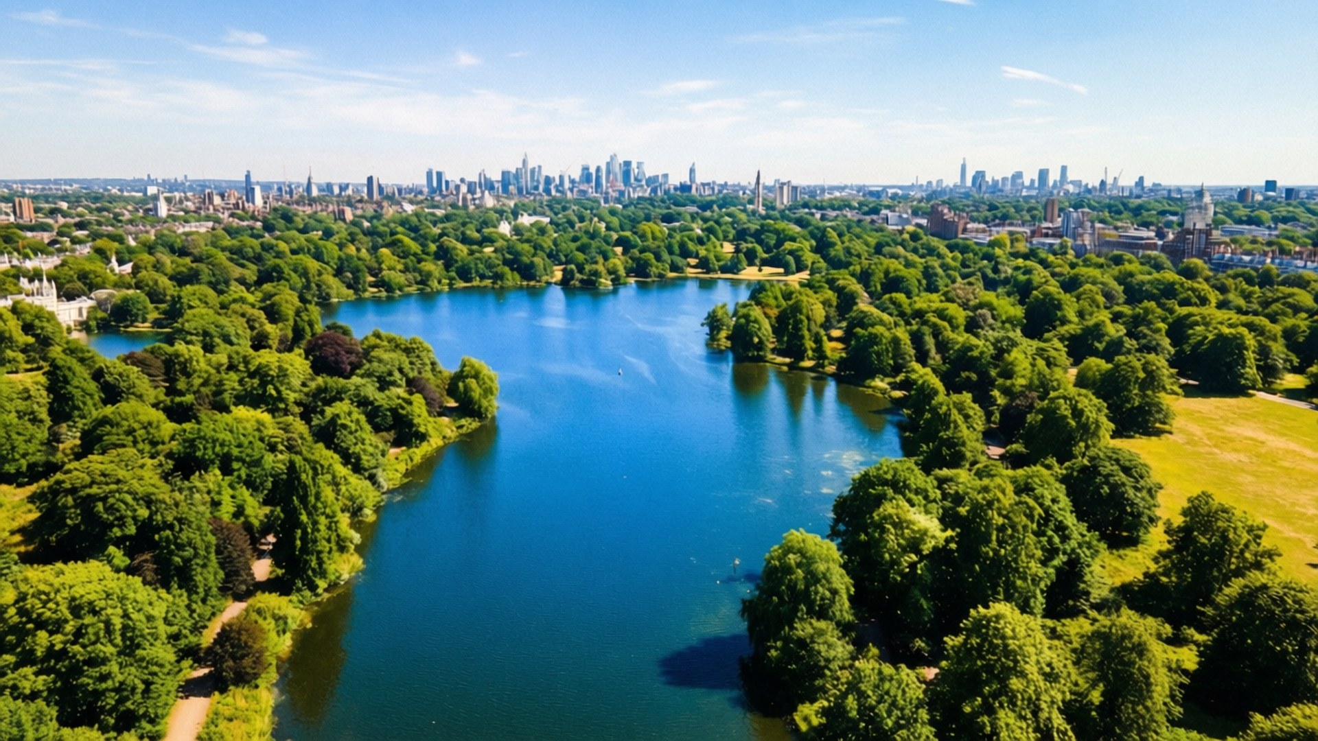 一個鬱鬱蔥蔥的綠色公園的鳥瞰圖，有藍色湖泊和遠處的城市天際線。