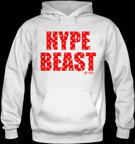 Hype Beast 紅色印花白色連帽衫 壁紙 — 白色連帽衛衣，上面有粗體紅色 'HYPE BEAST' 文字，文字內填滿重複的 Louis Vuitton 字母圖案，背景為黑色。