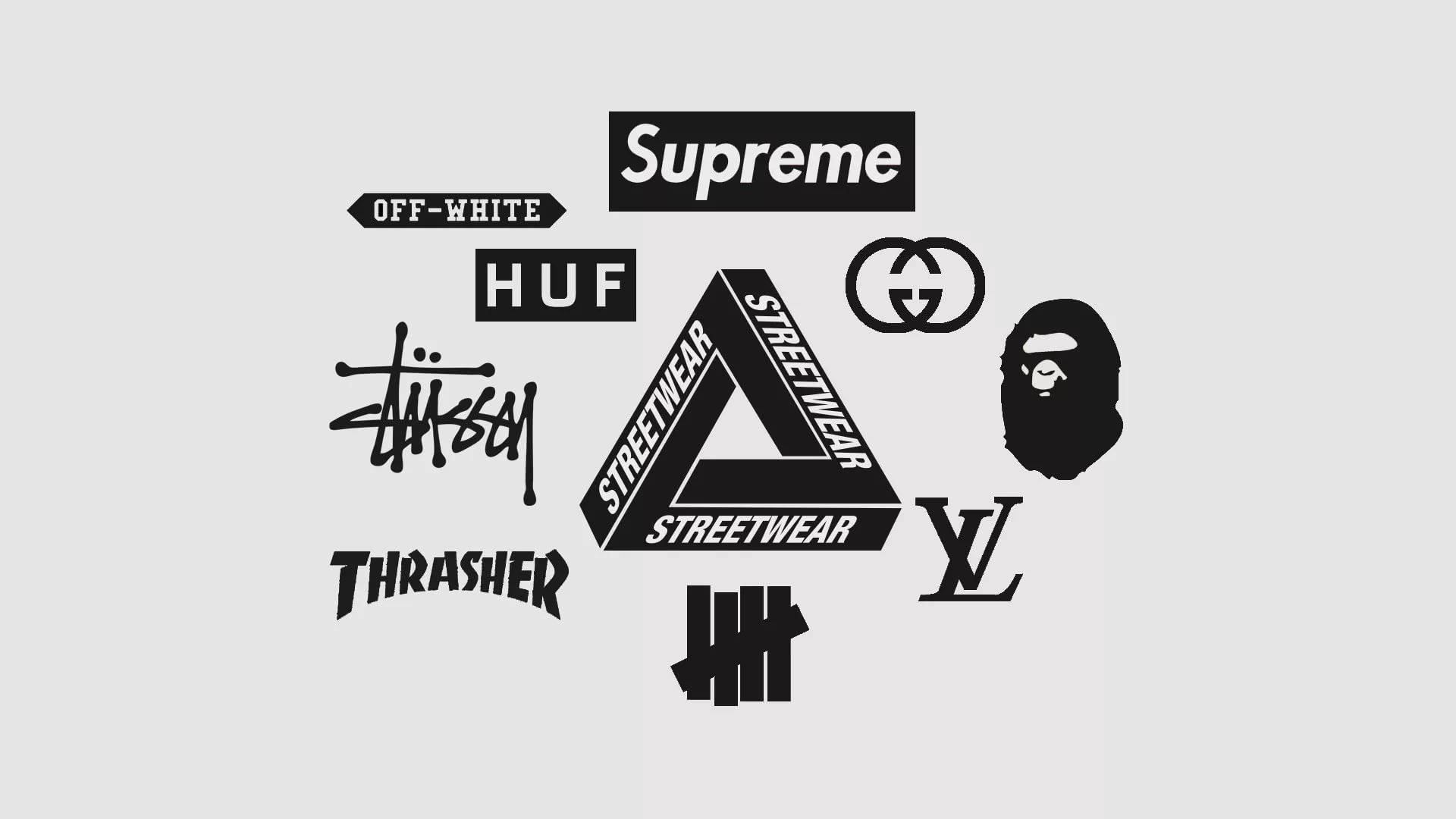 Hype Beast Off White 標誌 壁紙 — 一個極簡風格的系列，展示標誌性街頭服飾和奢侈品牌標誌，以黑色呈現於淺灰色背景上。