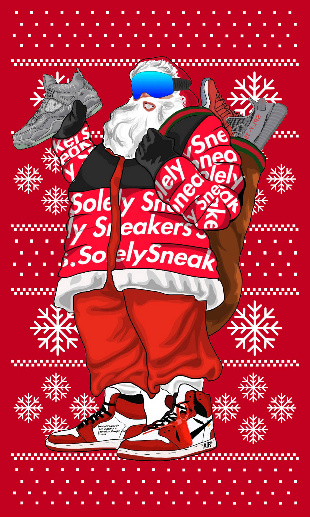 感受節日氛圍，Hypebeast 聖誕老人造型 壁紙 — 聖誕老人穿著印有「Solely Sneakers」文字的紅色毛衣，手持運動鞋，站在帶有白色雪花的紅色背景前。
