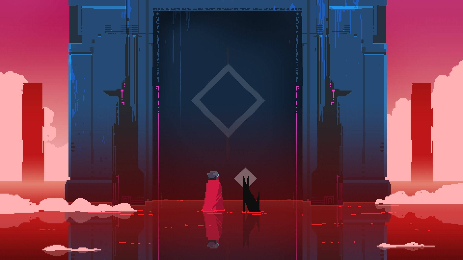 《Hyper Light Drifter》像素藝術 壁紙 — 一個孤獨的紅色身影站在發光的藍色門前，背景是像素藝術城市景觀，天空呈粉紅色和紅色。
