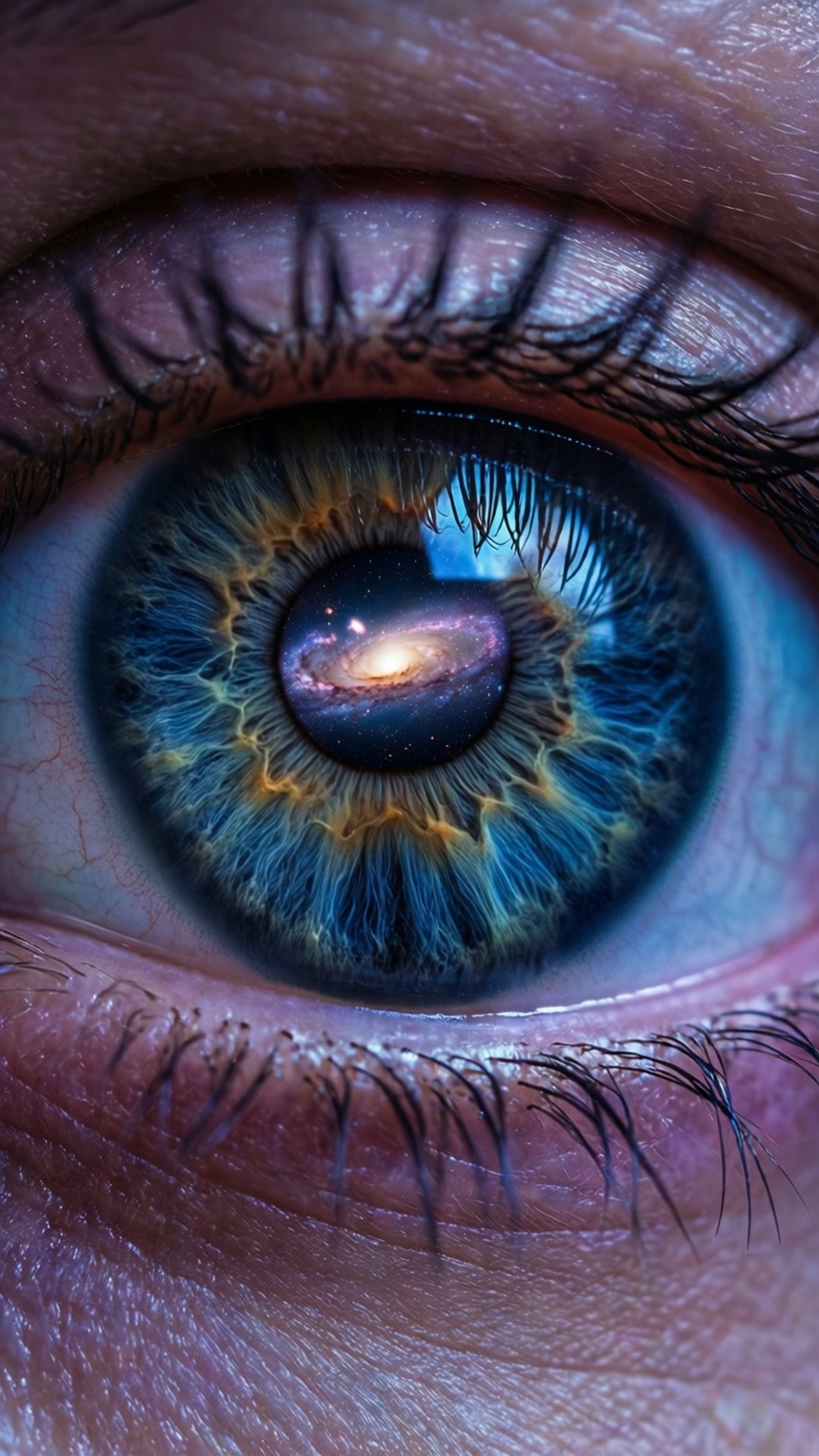 Galactic Eye 壁紙 — 人類眼睛的超現實特寫，虹膜中反射出旋轉的星系。