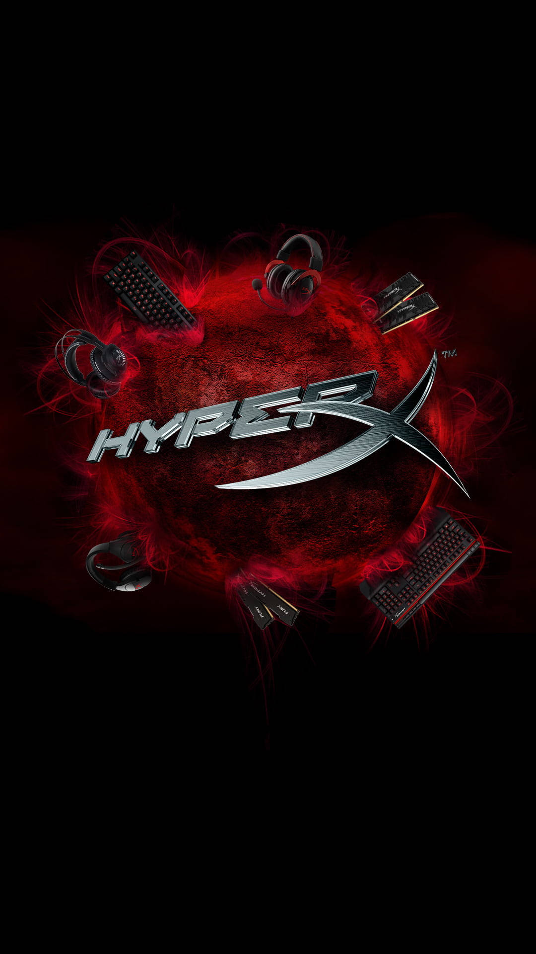 Logo 桌布 壁紙 — HyperX 標誌被鍵盤和耳機等遊戲裝備包圍，從紅色能量核心中迸發，背景為黑色。