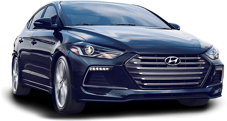 藍色現代Hyundai轎車側面視圖 壁紙 — 時尚深藍色現代轎車，帶有鍍鉻裝飾和鋒利頭燈，在黑色背景下的工作室燈光中展示。