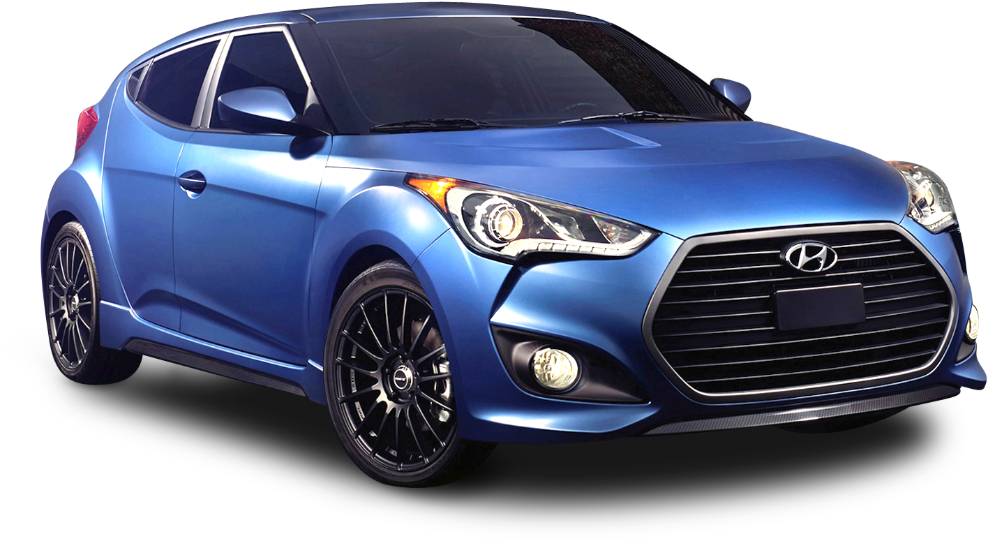 藍色現代Hyundai Veloster側視圖 壁紙 — 一輛時尚的藍色現代Veloster跑車，配備黑色輪圈和鋒利頭燈，在純黑色背景下脫穎而出。