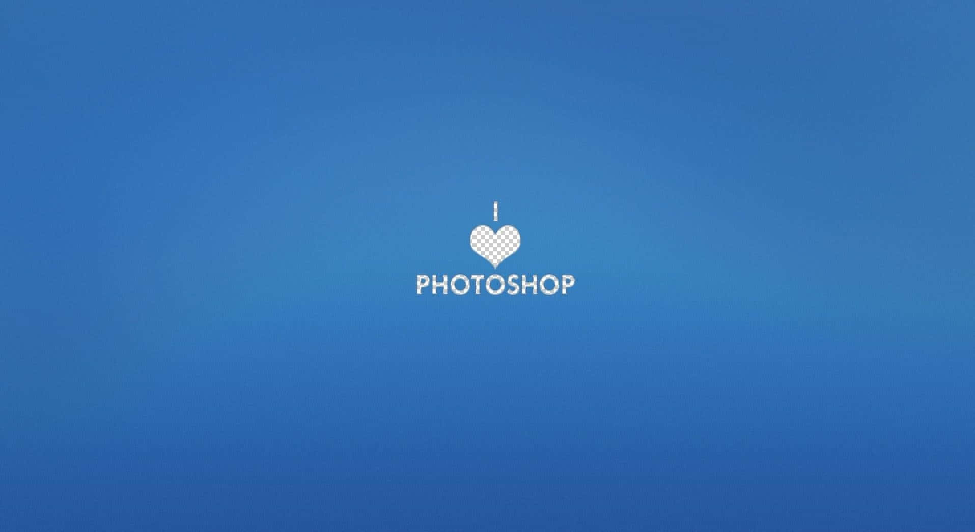 I Love Photoshop 標誌 壁紙 — 一個簡約的藍色漸變背景，包含一個像素心形和白色居中文字 'PHOTOSHOP'。