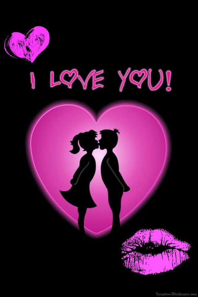 兩個小孩的剪影在發光的粉紅色心形內親吻，帶有「I LOVE YOU!」文字。