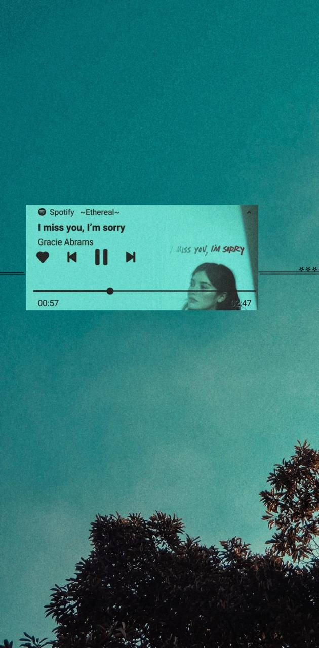 Spotify 音樂播放器顯示 Gracie Abrams 的歌曲 I miss you I'm sorry，背景是青綠色的天空和樹木剪影。