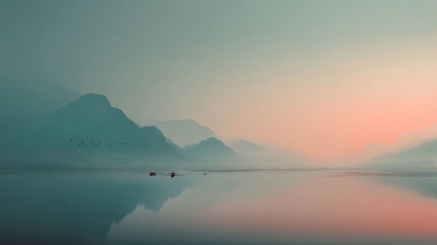 寧靜風景 I 壁紙 — 剪影般的山巒在薄霧中漸漸淡出，黎明將天空染成粉紅色，平靜的湖面倒映著這一幕，有兩艘小船和鳥兒在頭頂飛翔。