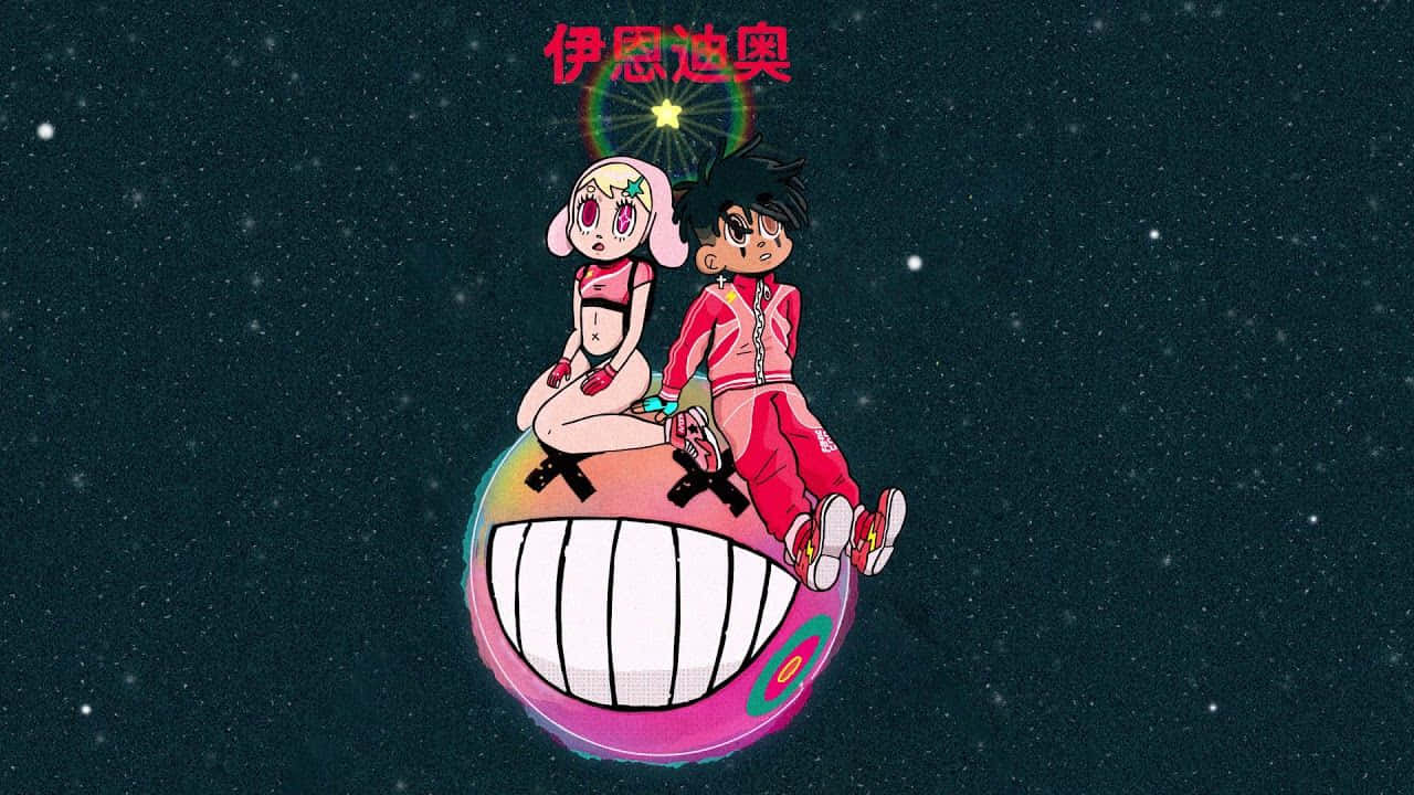 Iann Dior《What Is Real》歌曲藝術圖 壁紙 — 兩個動漫角色坐在一個巨大的微笑星球上，帶有彩虹色調，背景是星空宇宙。
