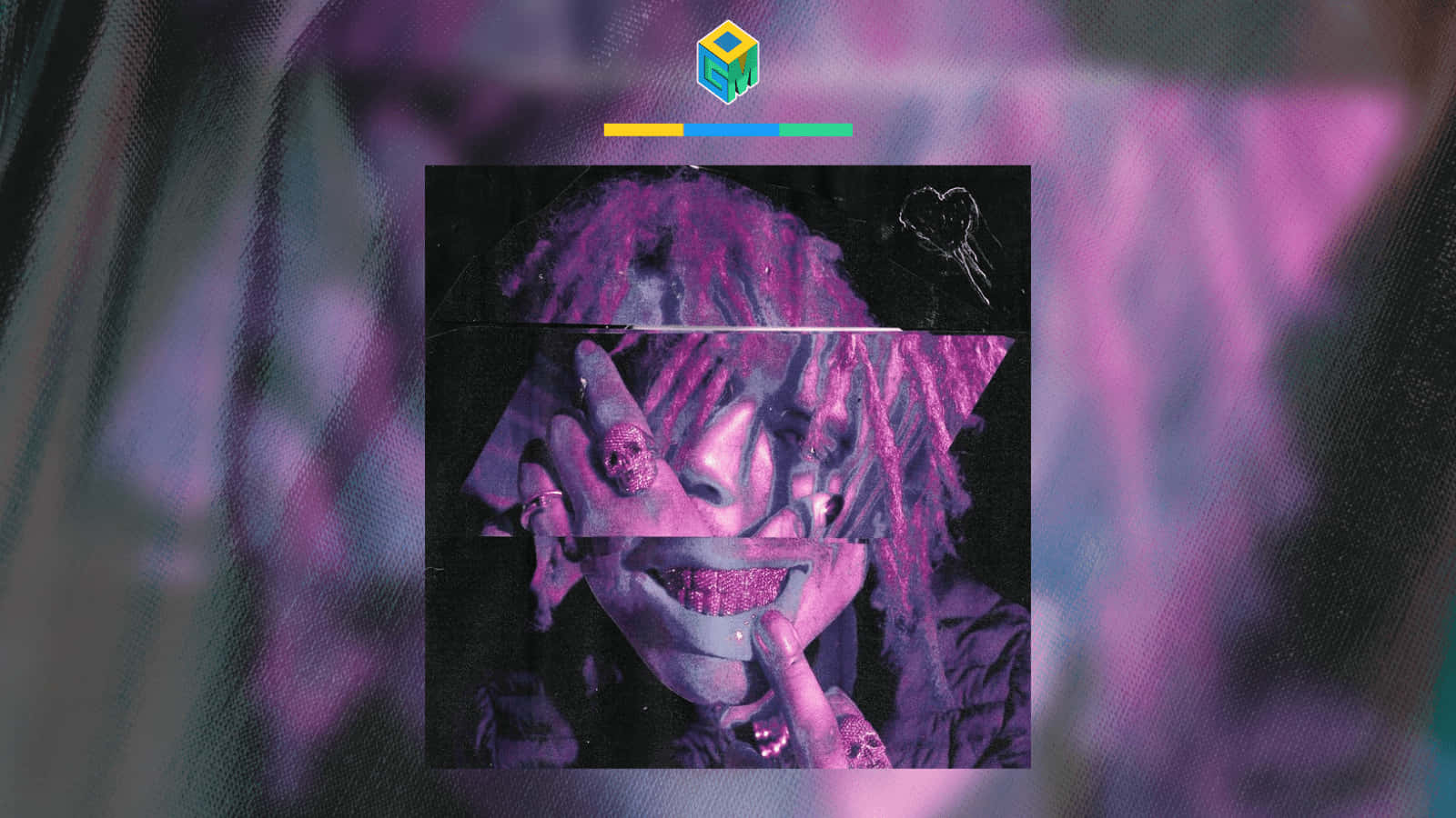 Iann Dior 單曲《Sick and tired》專輯封面 壁紙 — 一個帶有紫色辮子和閃亮嘴唇的人物故障藝術肖像，被數碼扭曲和鮮豔的霓虹色調分割。