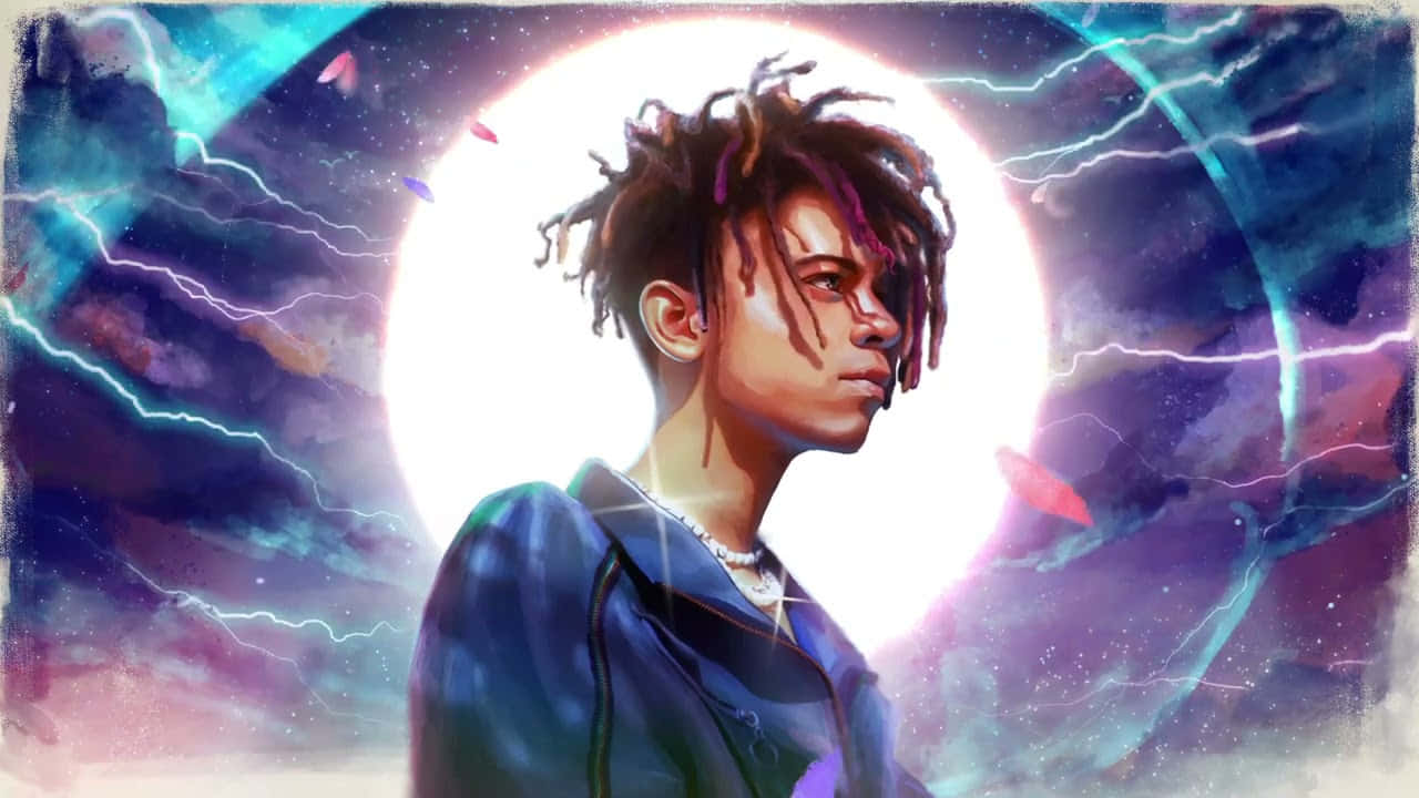 Iann Dior 太陽藝術畫 壁紙 — 一個風格化的數碼肖像，描繪一位年輕男子留著辮子，背景是宇宙閃電和發光球體。