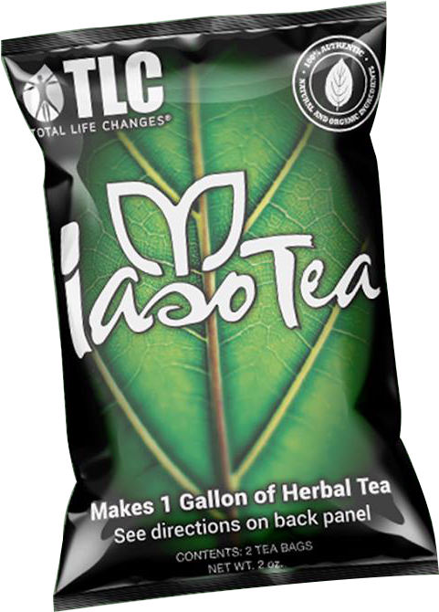 Iaso茶草本茶包包裝 壁紙 — 一個亮面黑色茶包包裝，帶有大型綠色葉子設計、白色 'LasoTea' 文字和 TLC 品牌標誌。