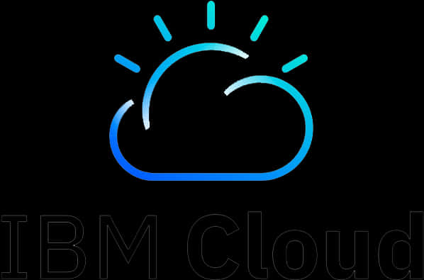 IBM 雲端標誌圖形 壁紙 — 發光的藍色雲朵，帶有太陽光線，黑色背景上隱約可見IBM Cloud文字。