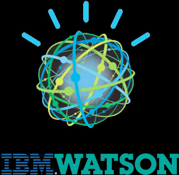 IBM Watson標誌 壁紙 — 一個發光的球體，帶有相交的藍色、綠色和黃色軌道線，在黑色背景上散發光芒，下方有IBM WATSON文字。