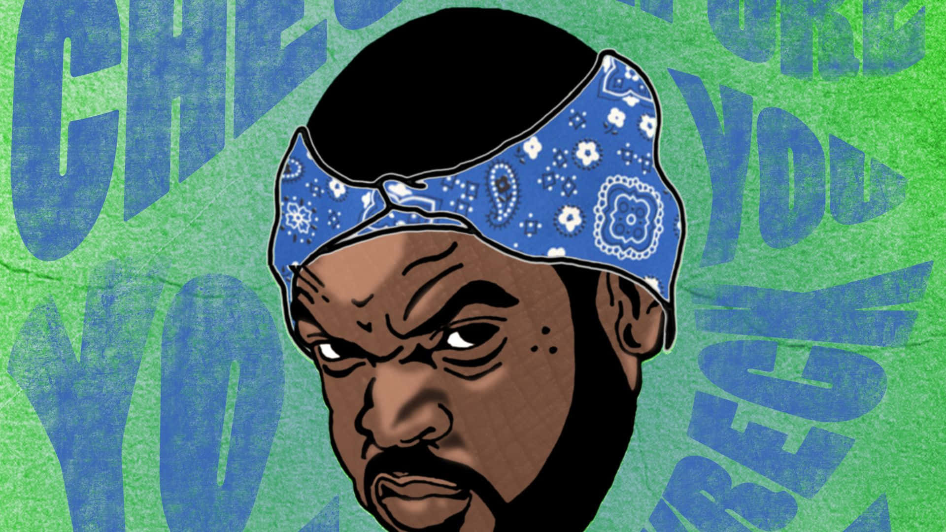 卡通饒舌歌手 Ice Cube 黑人歷史 壁紙 — 一個戴著藍色圖案頭巾的男人的風格化插圖，背景為綠色，帶有粗體藍色文字。