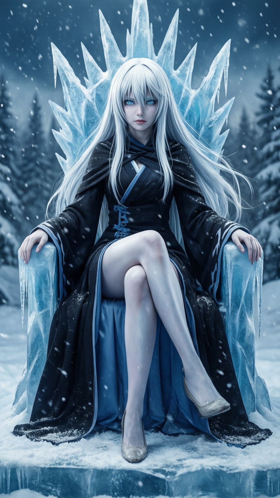 一位白髮女性坐在冰雪森林中的冰王座上，身穿黑色斗篷和藍色連衣裙。
