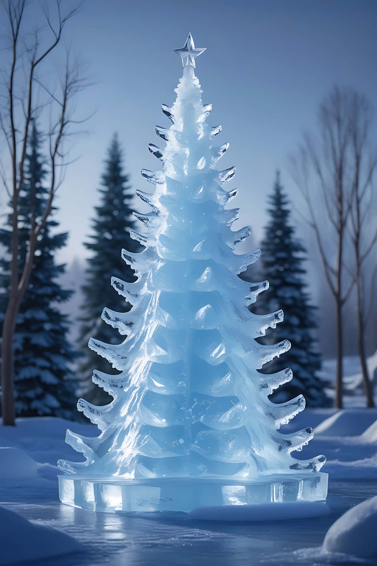 在白雪皚皚的冬日森林中，閃閃發光的冰製聖誕樹雕塑，頂端有星星裝飾