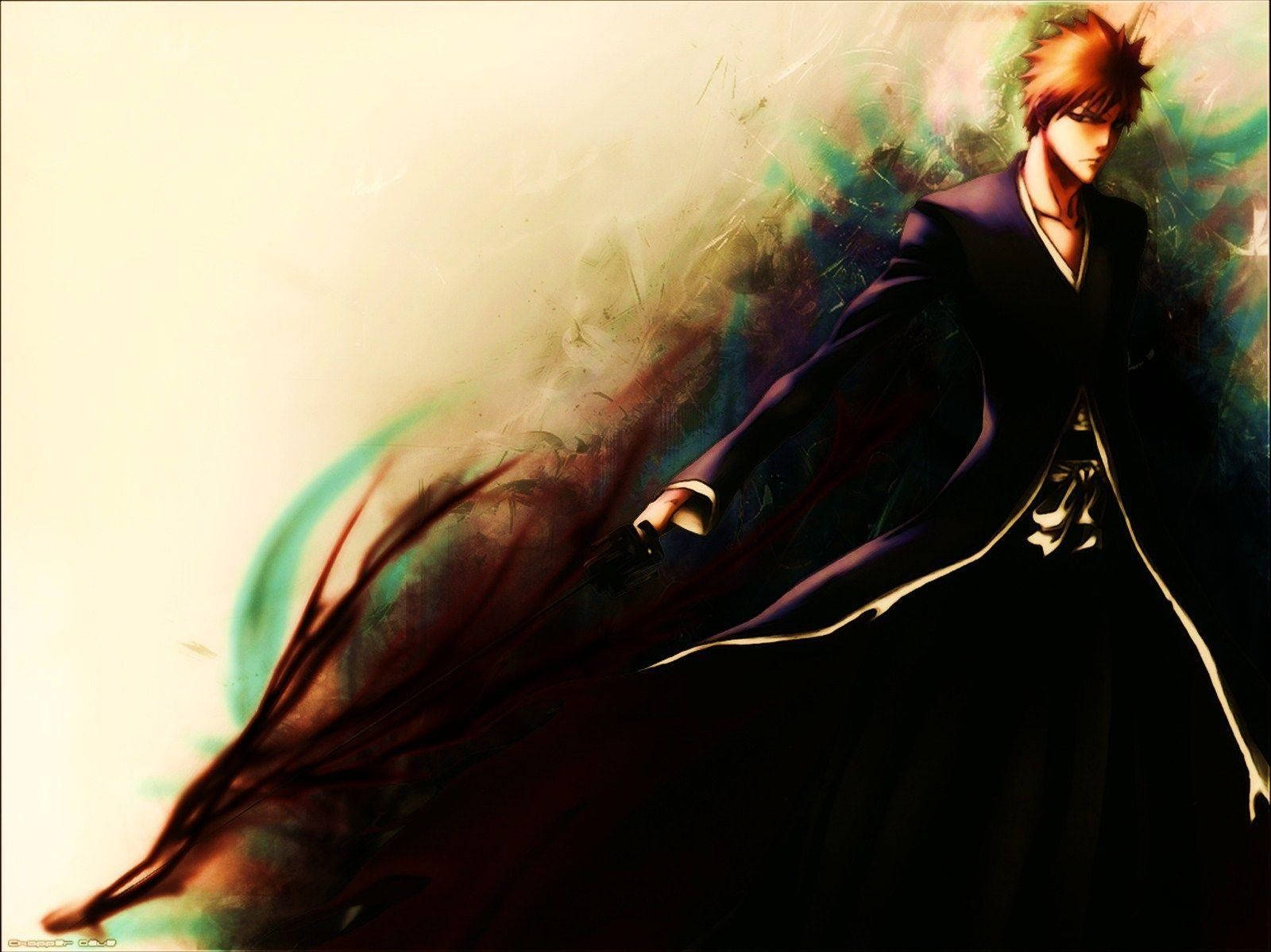 《死神》主角 Ichigo Kurosaki 壁紙 — 一位頭髮尖刺的動漫戰士身穿深色外套，手持劍，站在藍綠色和棕色漩渦抽象背景前。
