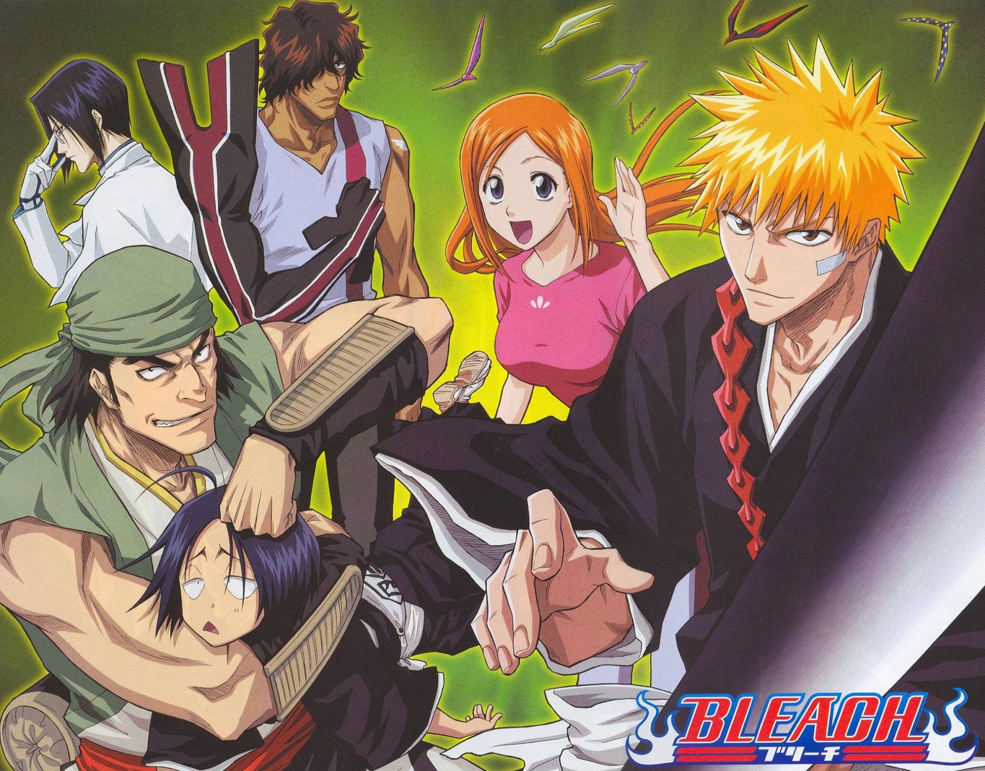 Ichigo Kurosaki 《死神》海報 壁紙 — 一個動態的動漫團體，由六個角色以動作姿勢組成，背景是發光的綠色和飛舞的刀片。
