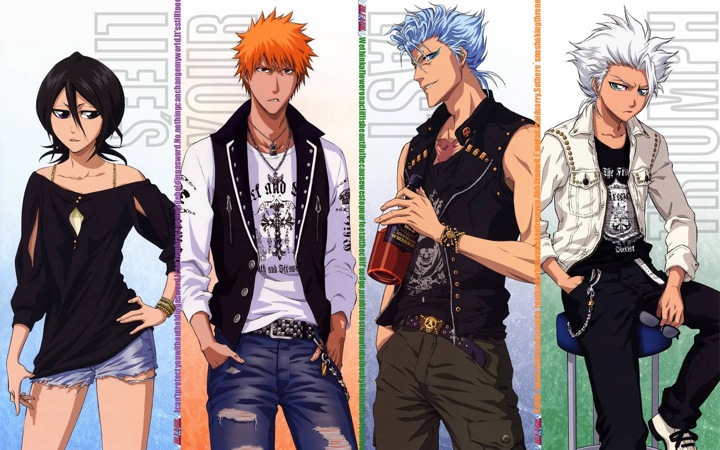 Ichigo Kurosaki 與夥伴們 壁紙 — 四個擁有不同髮色和前衛服裝的動漫角色，在漸變背景前自信地擺姿勢。