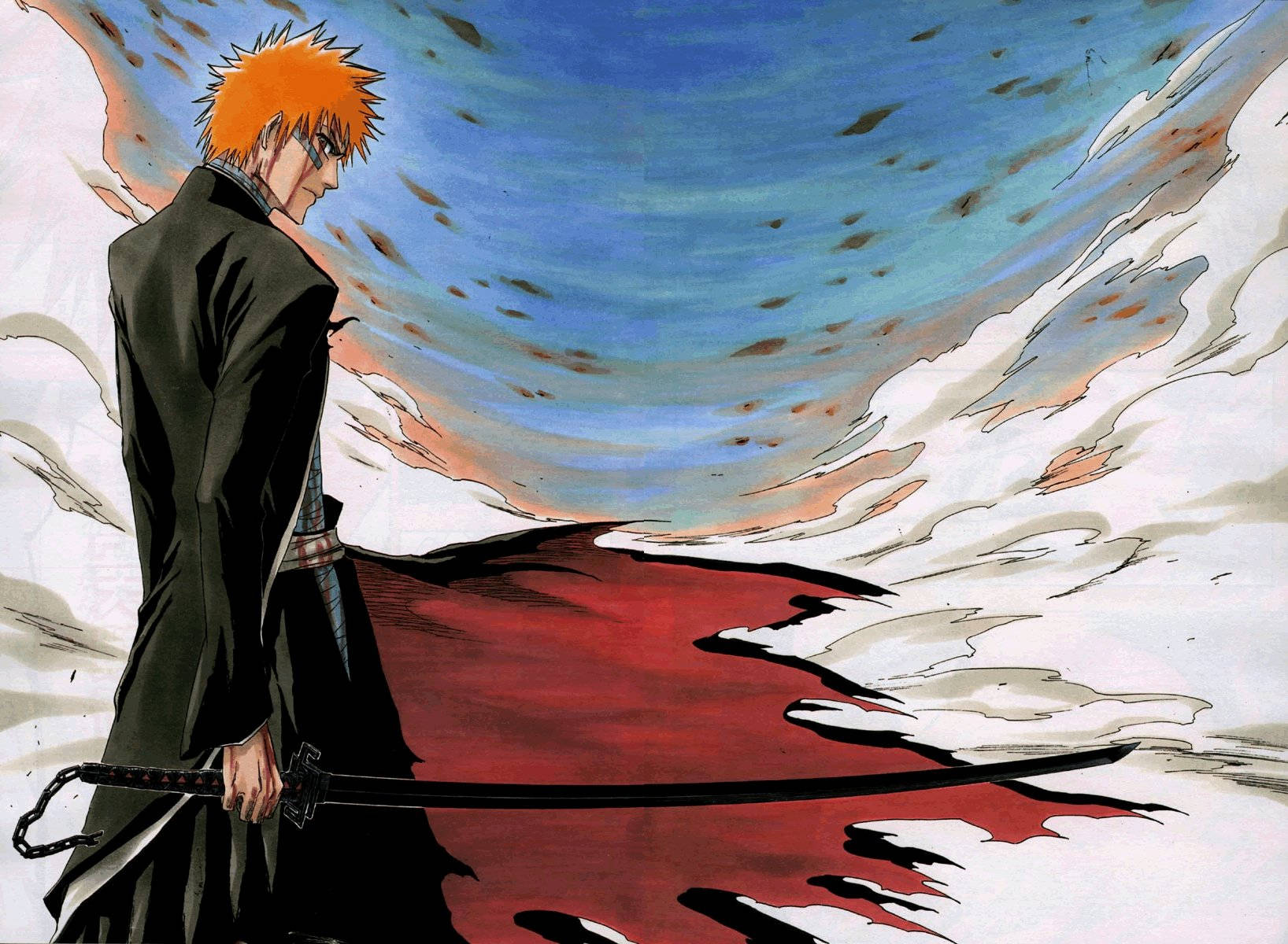 Ichigo Kurosaki 死神裝束 壁紙 — 一個橙色尖髮的動漫戰士身穿黑色外套，堅定地握劍，背景是旋轉的紅藍天空和白雲。