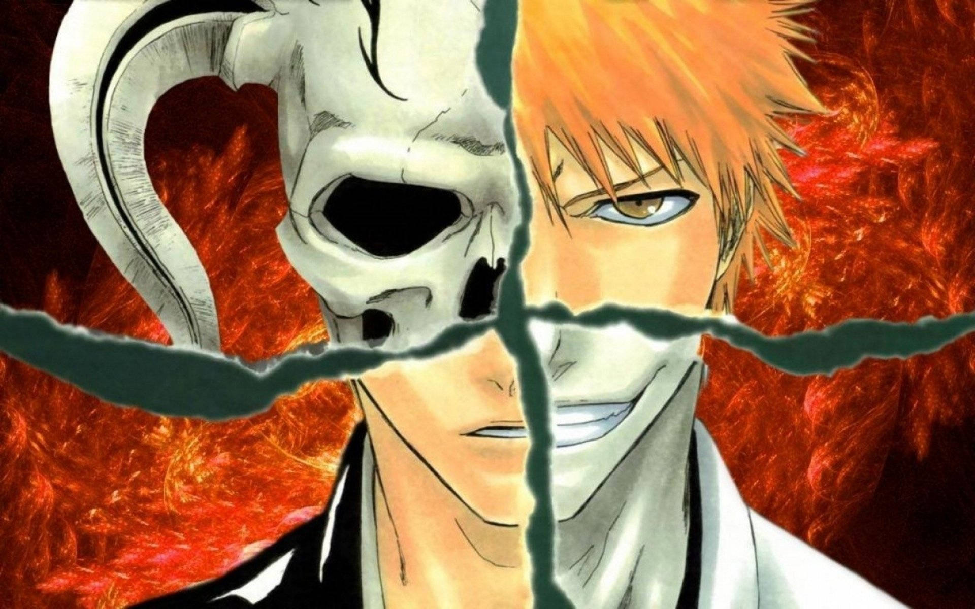 Ichigo Kurosaki 多種形態 壁紙 — 一個分裂面孔的動漫角色，一邊是骷髏，另一邊是微笑的男人，背景是火紅色的。
