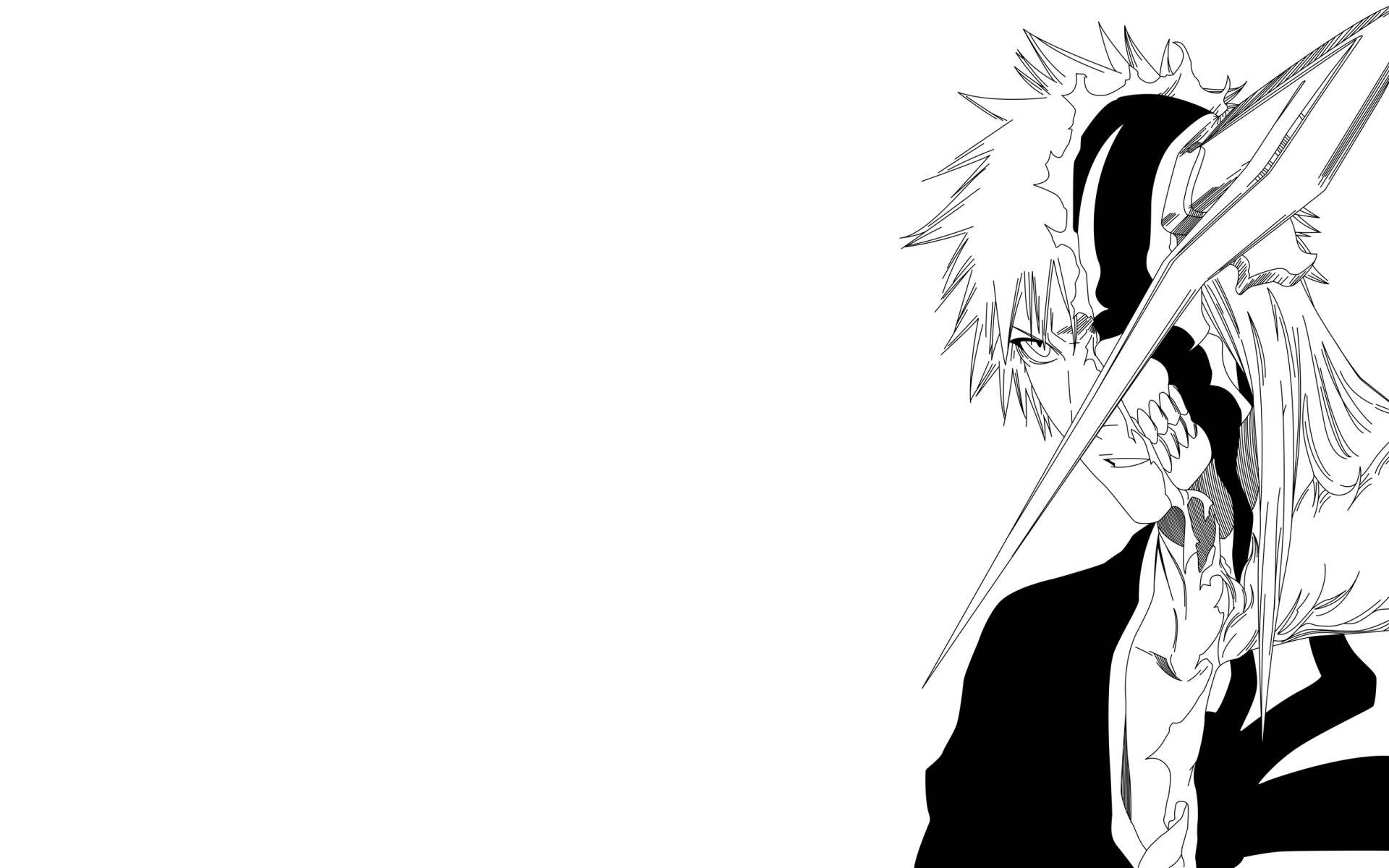 Ichigo Kurosaki 黑白素描 壁紙 — 一個鮮明的黑白動漫角色，擁有尖刺頭髮和一把劍，部分遮擋了臉部，背景為純白色。