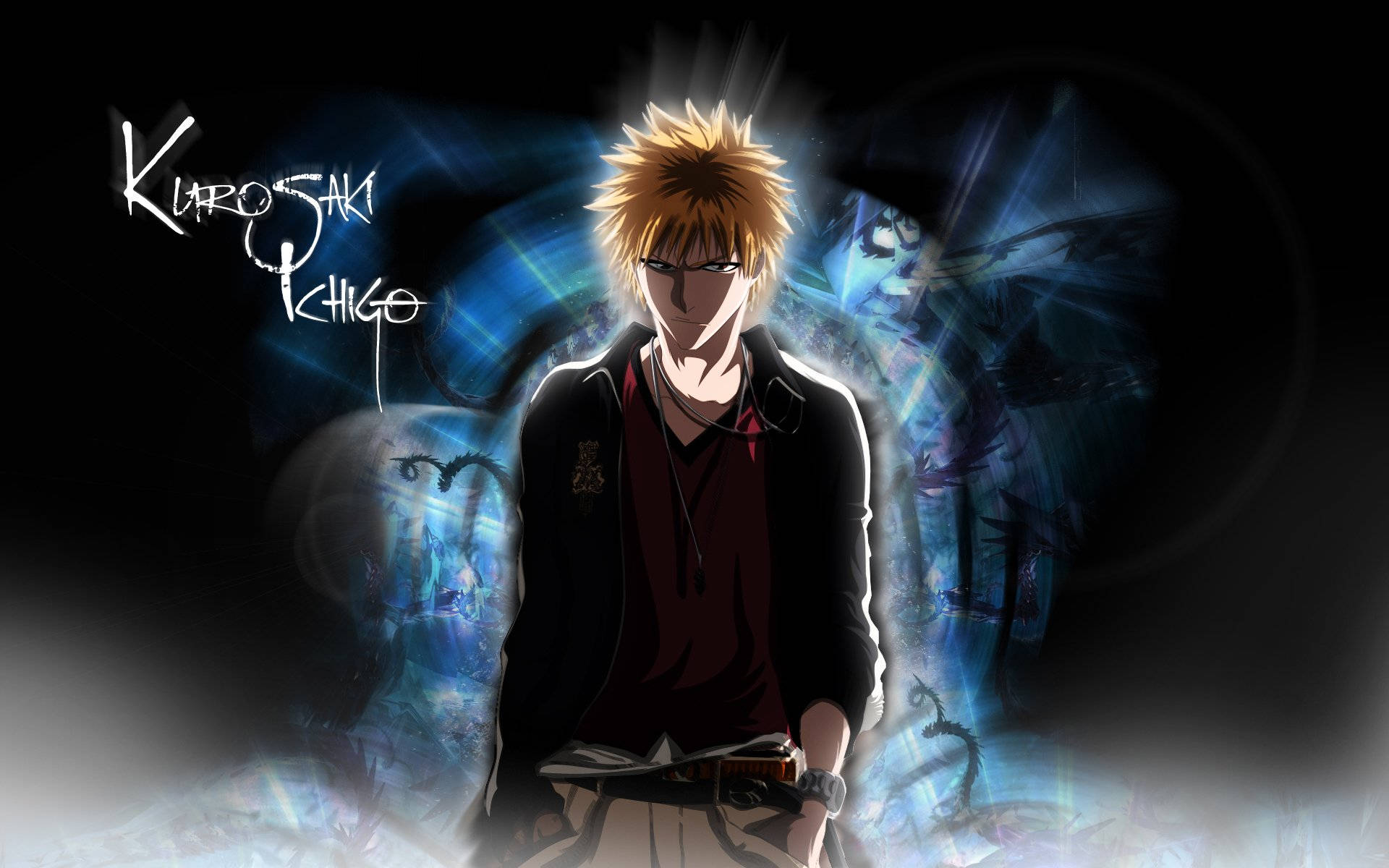 Ichigo Kurosaki 時尚同人美術 壁紙 — 動漫角色黑尾鐵朗站在深藍色發光的靈氣中，身後有幽靈般的身影。