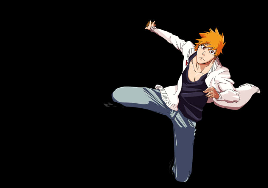 《死神》Ichigo Kurosaki 動態姿勢 壁紙 — 擁有尖刺橙色頭髮的動漫角色在 stark 黑色背景下執行動態高踢。