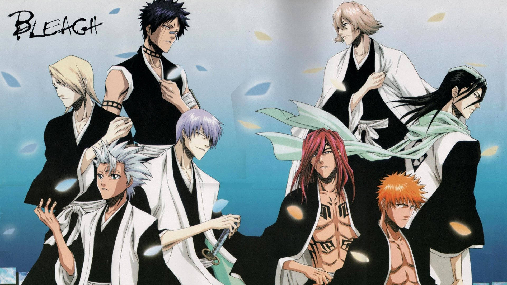 Ichigo Kurosaki 與《死神》角色群像 壁紙 — 一群身穿白色和黑色長袍的動漫角色站在藍天下，落葉飄飄。