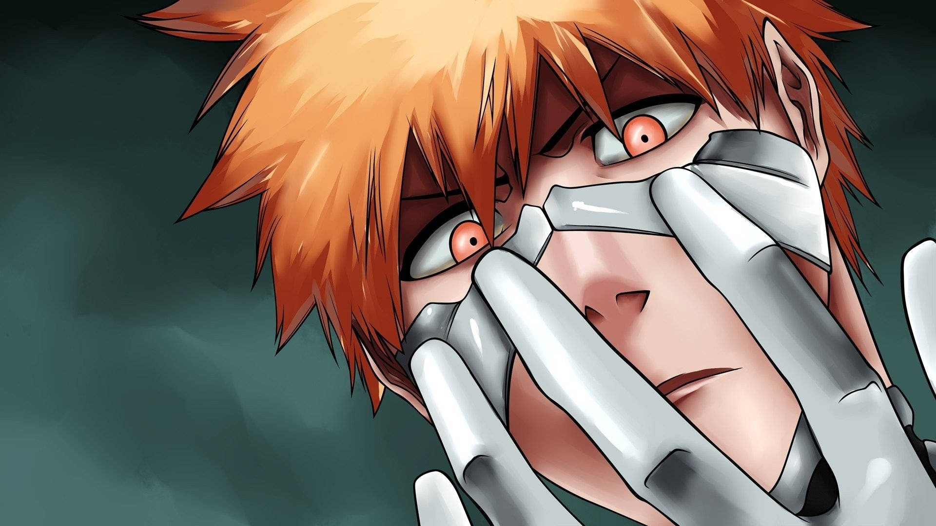 Ichigo Kurosaki 面部特寫 壁紙 — 一個動漫角色，擁有尖刺的橙色頭髮和紅色眼睛，在深綠色背景前用金屬手套遮住臉。