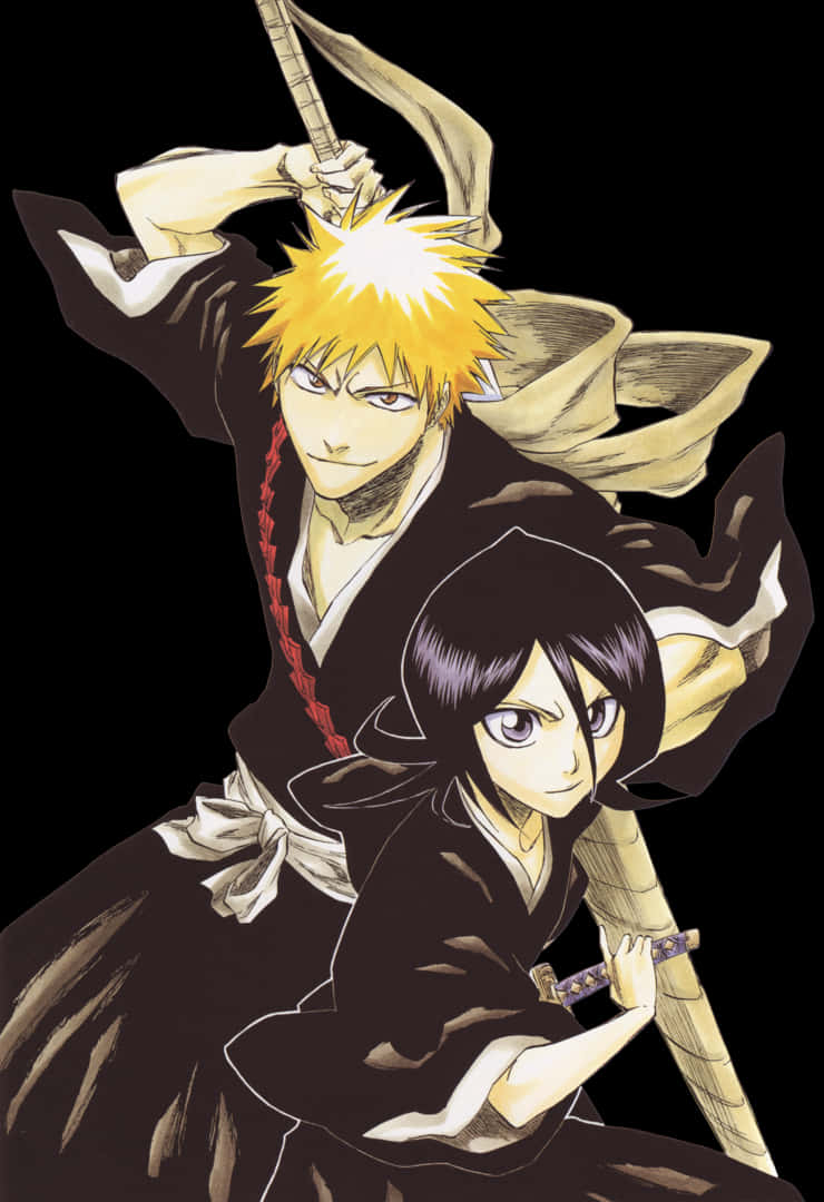 《死神》Ichigo 與 Rukia 動畫角色插畫 壁紙 — 兩名身穿黑色長袍的動漫戰士在純黑色背景上揮舞劍，帶有動態運動線條。