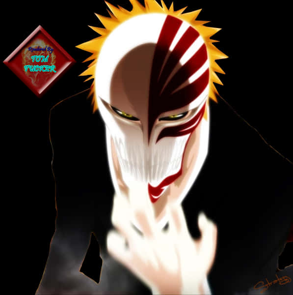 《死神》虛圈 Ichigo 動畫肖像 壁紙 — 一個戴著白色面具和紅色標記的威脅性動漫角色，在黑色背景上舉起一隻手。
