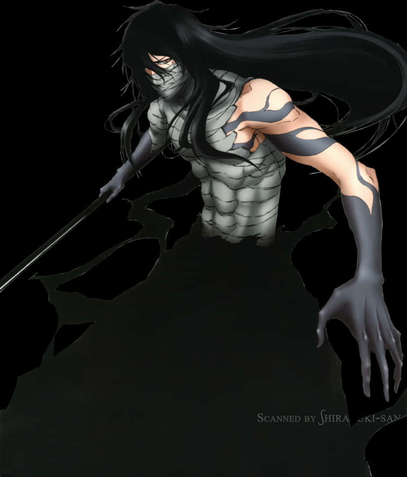 死神虛化 Ichigo 戰鬥姿勢 壁紙 — 一位戴面具的動漫戰士，長長的黑髮和灰色分段盔甲，從黑暗中手持法杖出現。