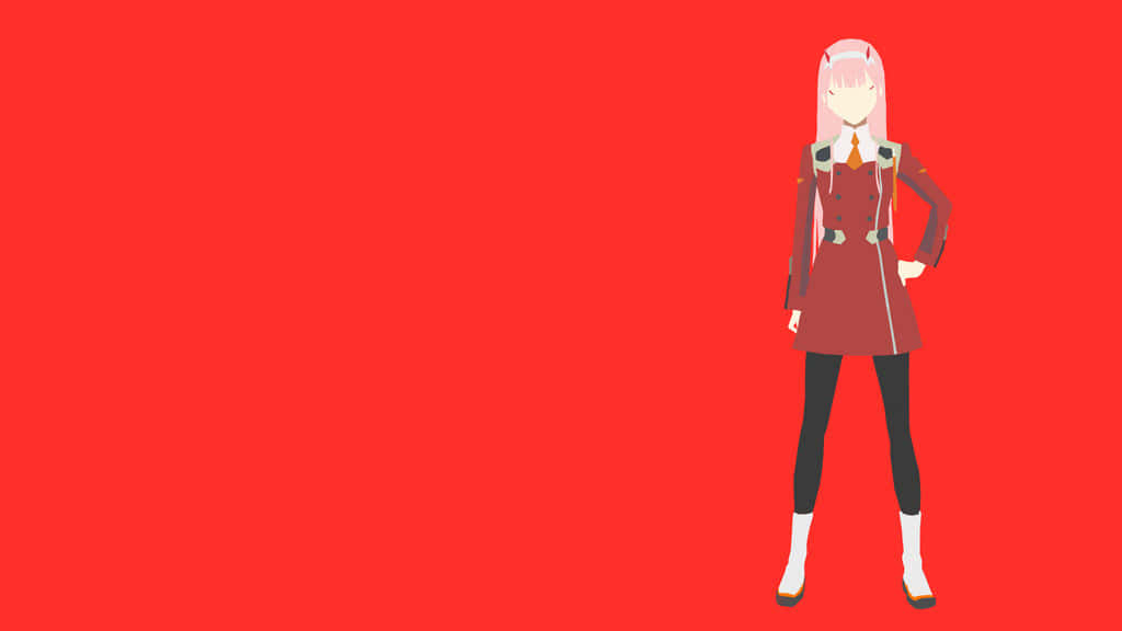 「Ichigo 與 Hiro，《Darling in the Franxx》中的命運情侶」 壁紙 — 一個風格化的動漫女孩，粉紅色頭髮和紅色外套，自信地站在純紅色背景前。