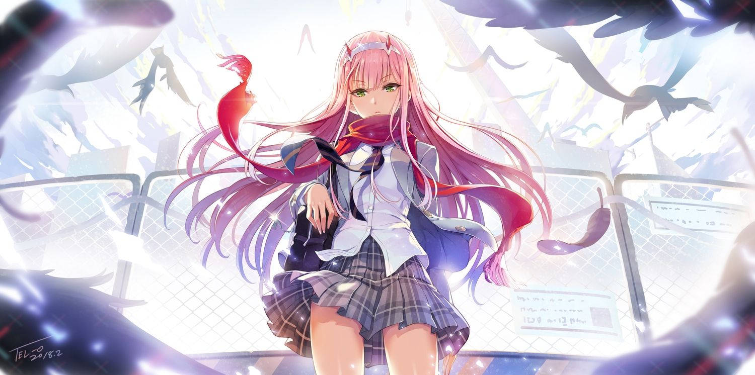 粉紅色頭髮的動漫女孩穿著校服，被發光的魔法和鳥兒包圍。