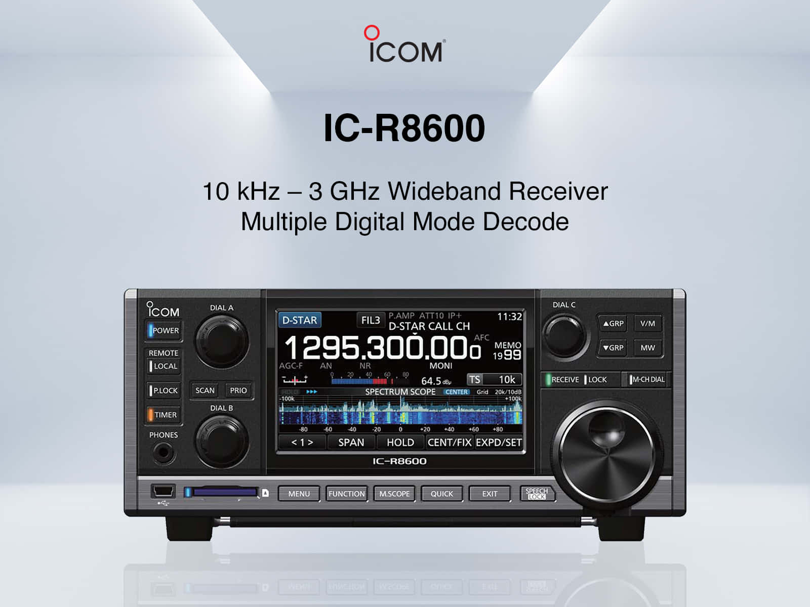 ICOM IC-R8600 數位收音機 壁紙 — 專業ICOM IC-R8600寬頻接收器，配備數碼顯示屏和控制按鈕，在乾淨的白色背景上展示。