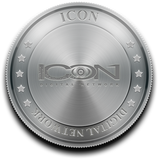 ICON數位網路幣 壁紙 — 一枚金屬銀幣，邊緣有浮雕的 'ICON DIGITAL NETWORK' 文字和星星。