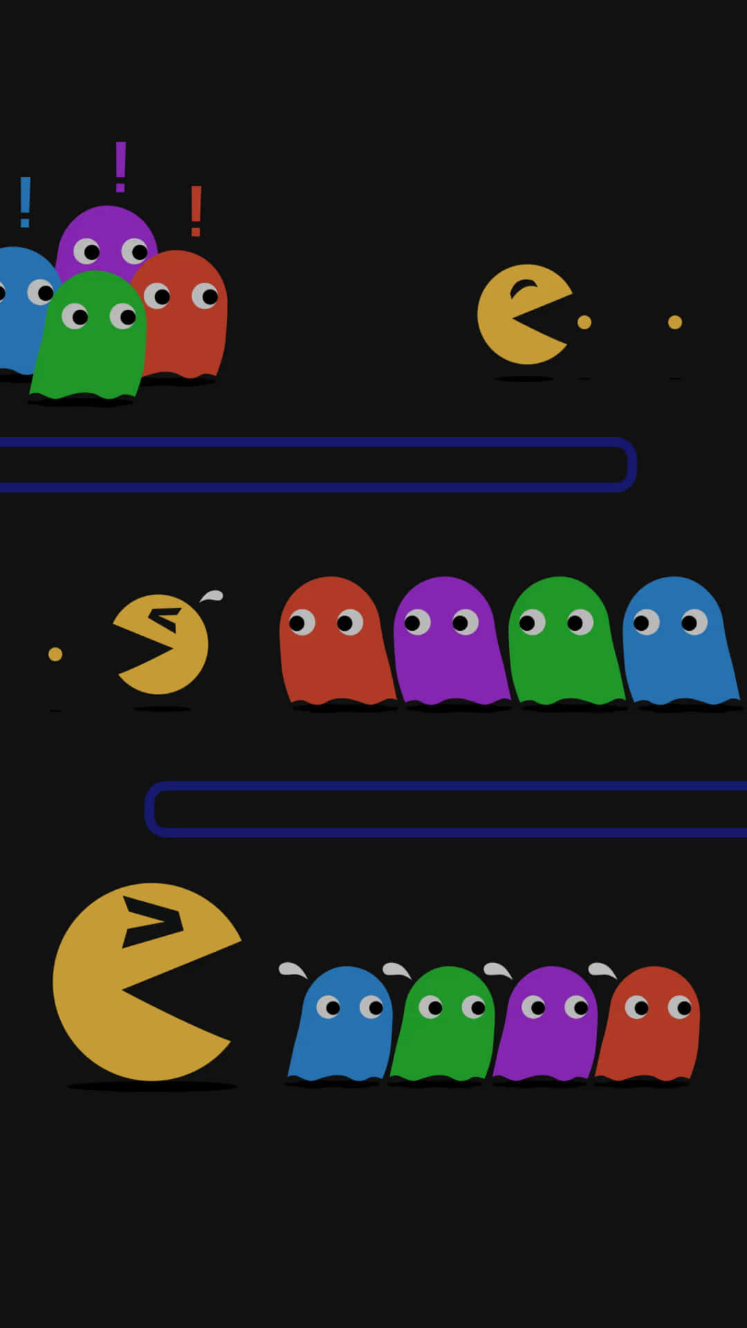 Pacman 和色彩繽紛的鬼魂，以經典街機遊戲風格呈現。