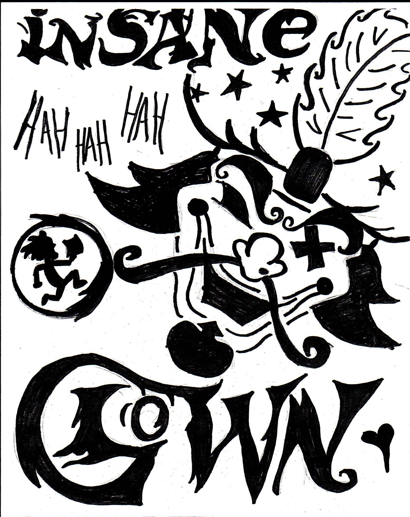 ICP 標誌噴漆素描 壁紙 — 一幅混亂的黑白插圖，上面有「INSANE」這個詞，位於一個風格化的小丑上方，小丑帶有星星和羽毛，瘋狂地大笑。