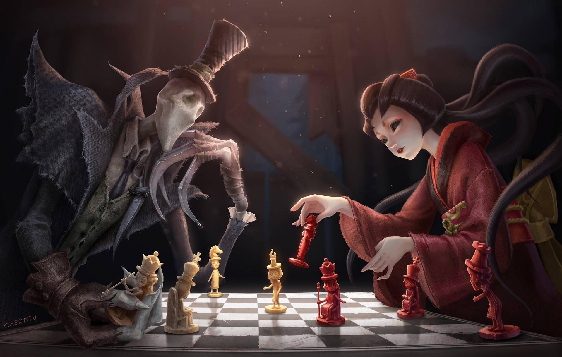 《Identity V》黑暗恐怖象棋 壁紙 — 一位蒼白皮膚的女人穿著紅色和服，在昏暗燈光下與戴高帽的骷髏人物下棋。