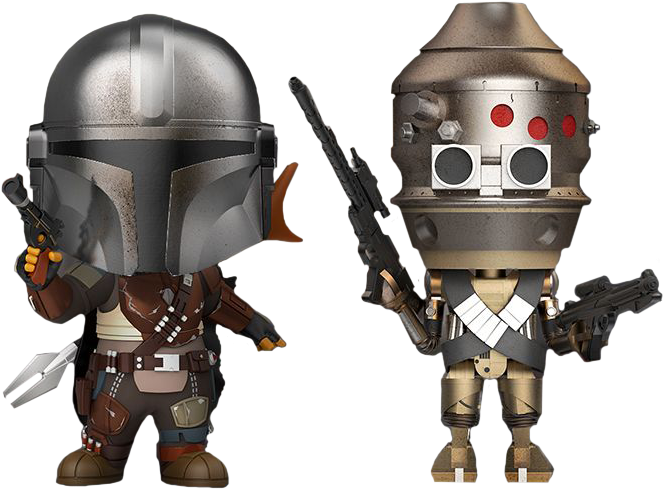 曼達洛人與IG-11 Funko Pop公仔 壁紙 — Q版風格的曼達洛人與機械人並肩站立，手持爆能槍，背景為黑色。
