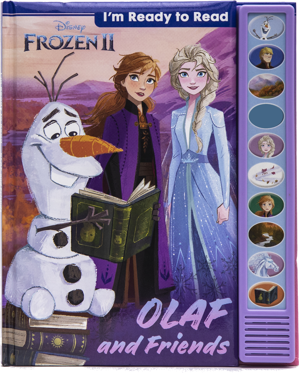 冰雪奇緣II 奧拉夫與朋友互動書 壁紙 — Olaf 正在讀書，而 Anna 和 Elsa 站在他旁邊，背景是紫色的山脈。