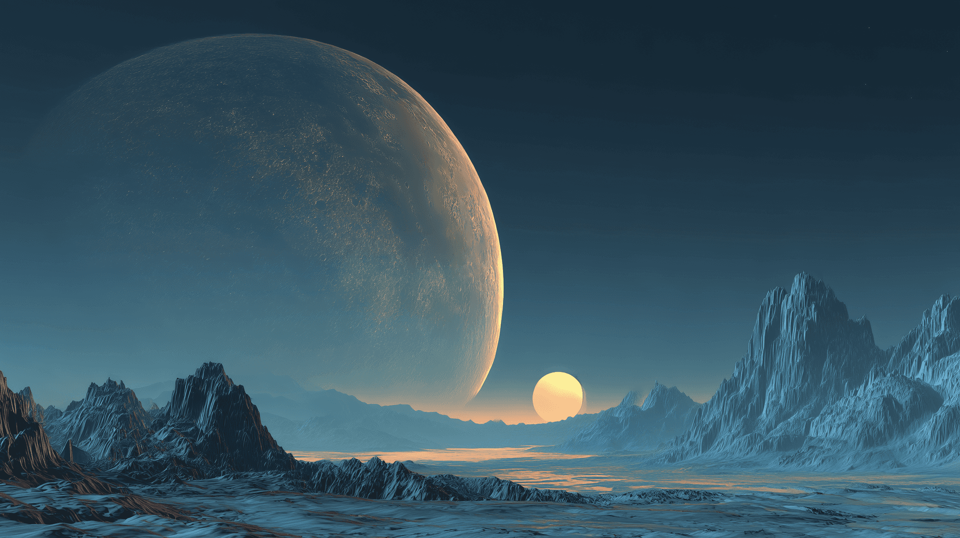異星景觀上的昇月 II 壁紙 — 廣闊的外星景觀，在巨大的月亮和地平線上發光的太陽下，有鋸齒狀的冰山。