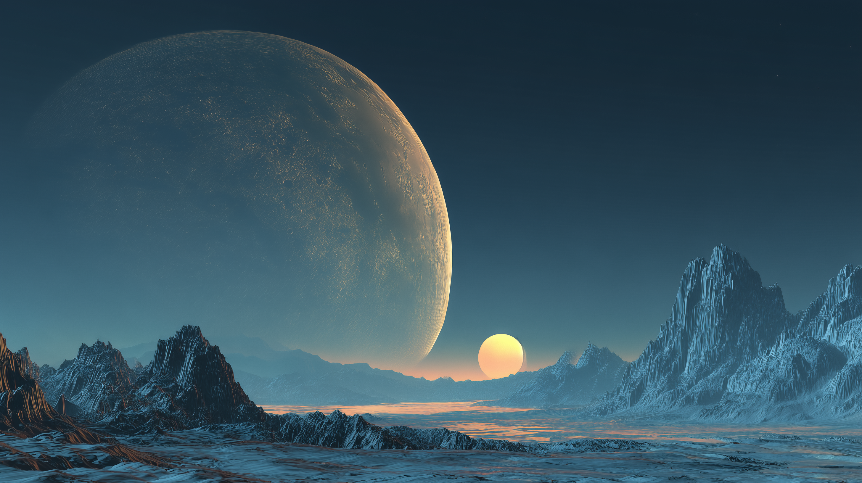 異星景觀上的昇月 II 壁紙 — 廣闊的外星景觀，在巨大的月亮和地平線上發光的太陽下，有鋸齒狀的冰山。