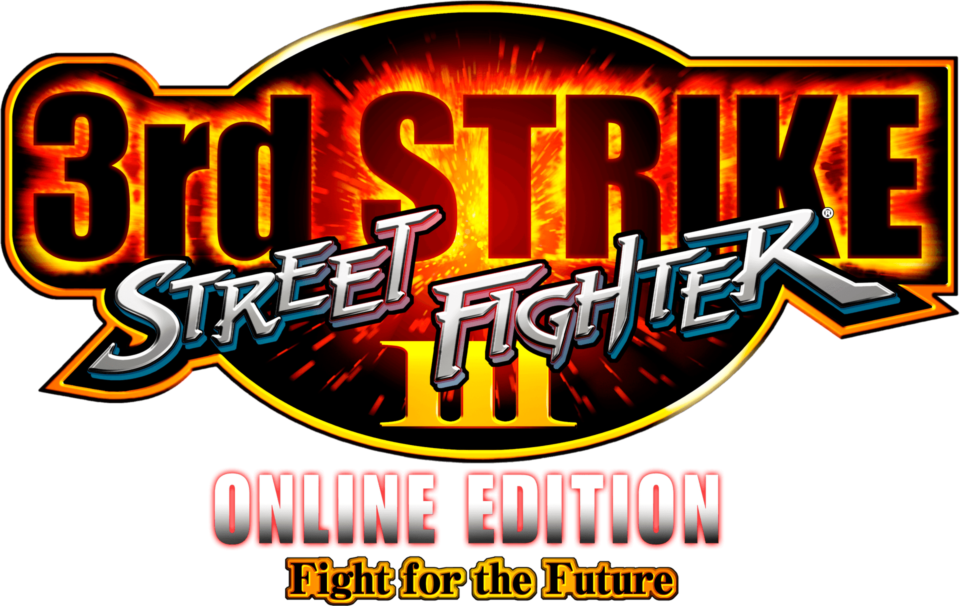 街頭霸王III：3rd Strike Online Edition 標誌 壁紙 — 為《街頭霸王III 在線版》設計的大膽火熱標誌，帶有爆炸性的橙紅色背景和金屬質感文字。
