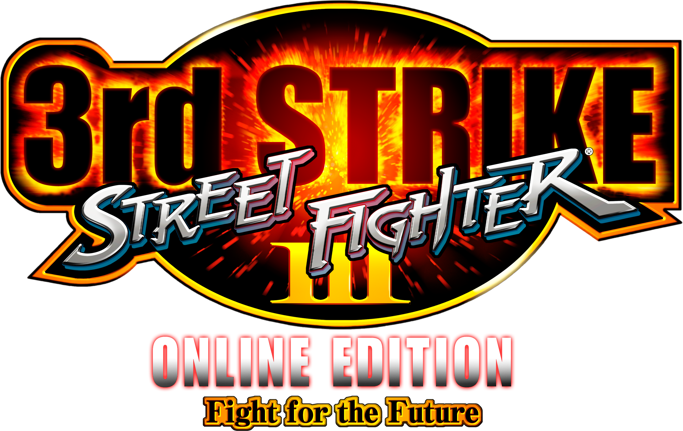 街頭霸王III：3rd Strike Online Edition 標誌 壁紙 — 為《街頭霸王III 在線版》設計的大膽火熱標誌，帶有爆炸性的橙紅色背景和金屬質感文字。